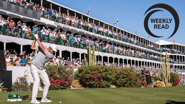 Scottie Scheffler hits a shot at the 2022 WM Phoenix Open, along with the Weekly Read logo.